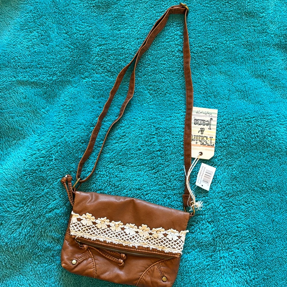 T-shirt & Jean Brown Crossbody Purse with lace trimming.